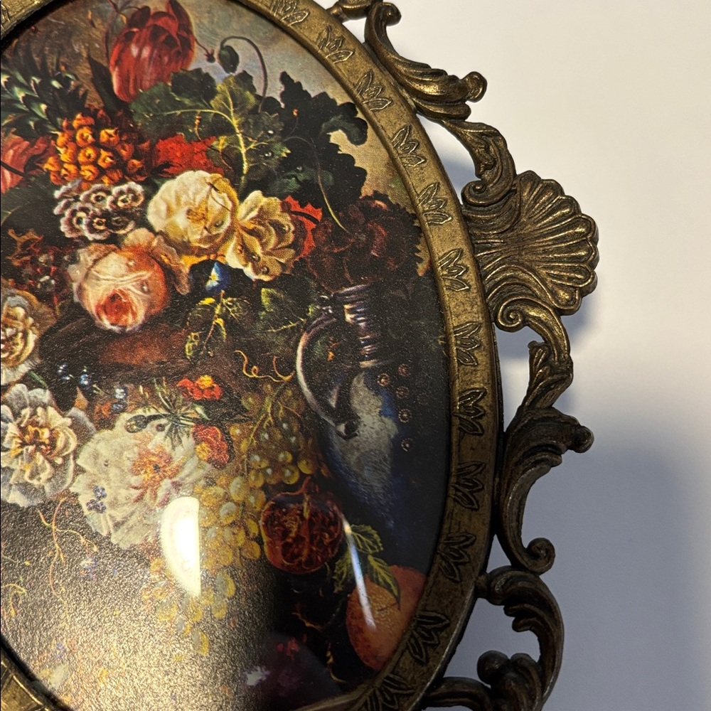 Ornate Vintage Brass Frame with Floral Print Behind Bubble Glass Made in Italy - Picture 3 of 7